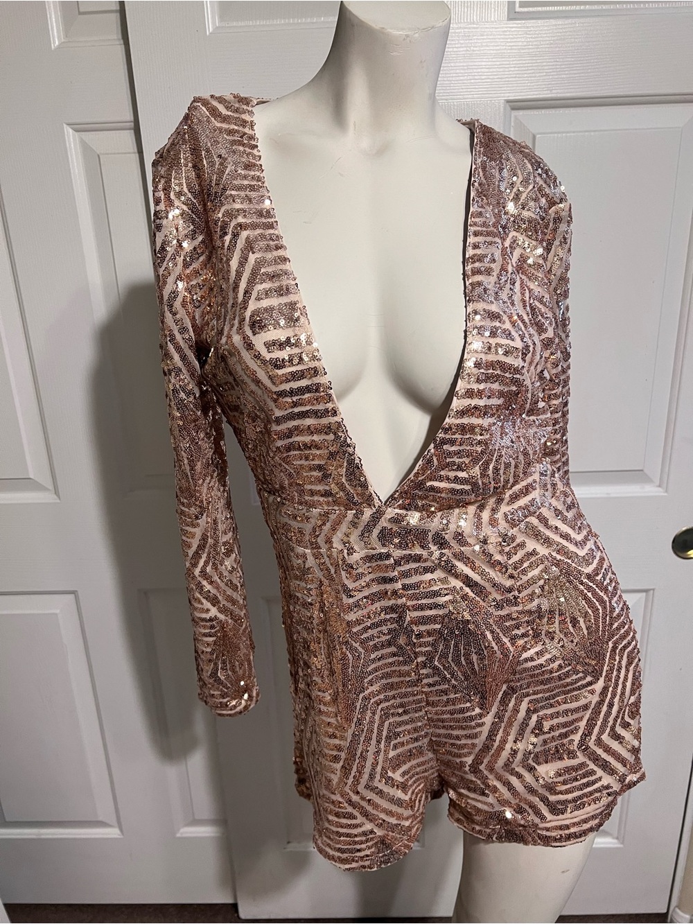 Rose Gold Sequin Deep V Romper